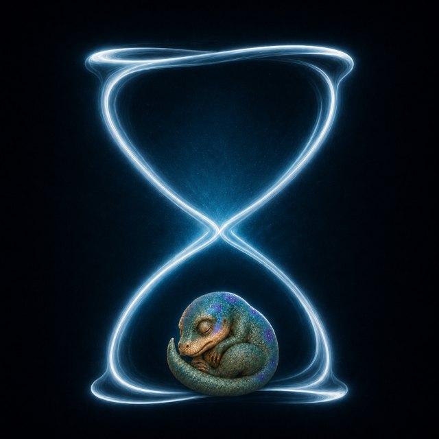 The Human Hours icon: a baby dinosaur curled inside a glowing hourglass
